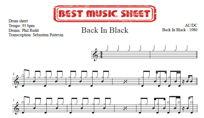 Sample drum sheet of Back in Black by AC/DC