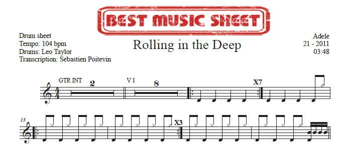 Sample drum sheet of Rolling in the Deep by Adele
