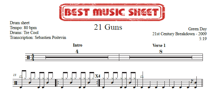 Extrait partition de batterie 21 Guns de Green Day