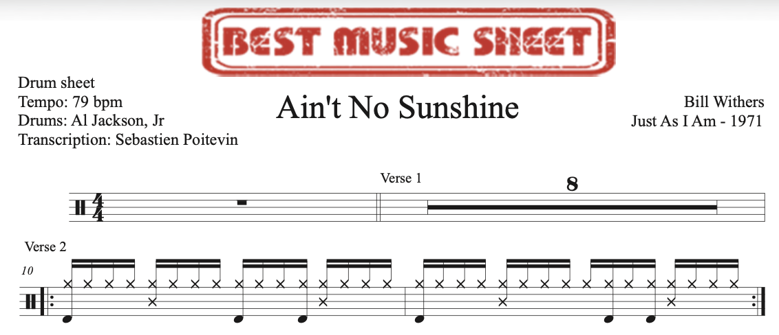 Sample drum sheet of Ain't No Sunshine by Bill Withers