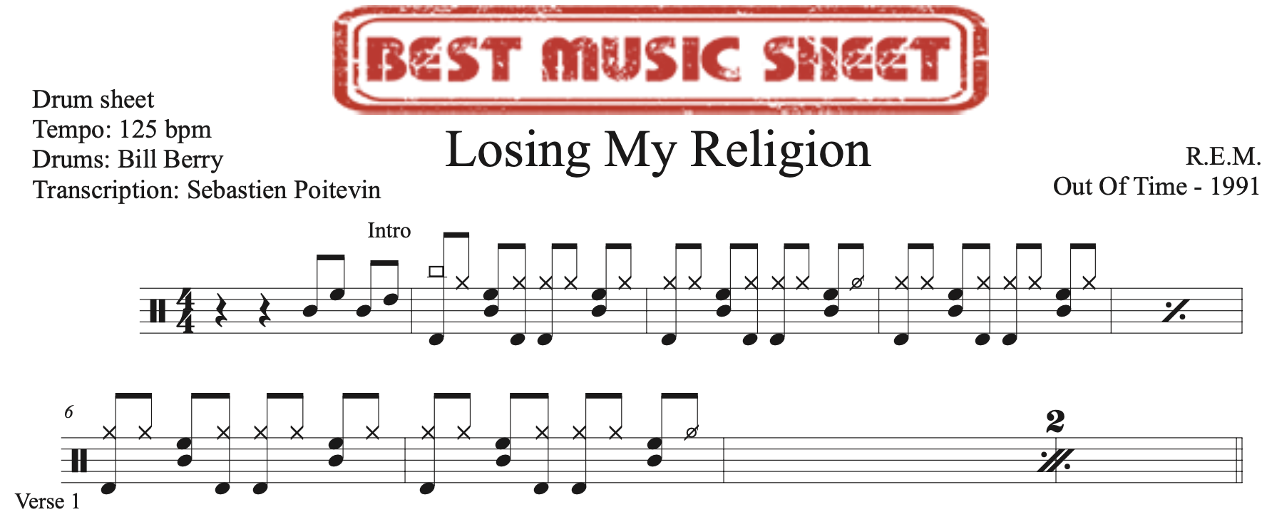 Sample of the drum sheet losing my religion by REM