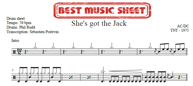 Sample drum sheet of She's Got the Jack by AC/DC
