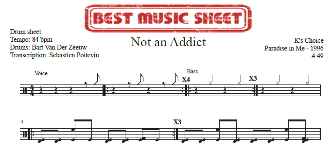 Sample drum sheet of Not An Addict by K's Choice