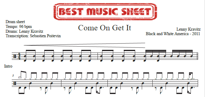 Sample drum sheet of Come On Get It by Lenny Kravitz