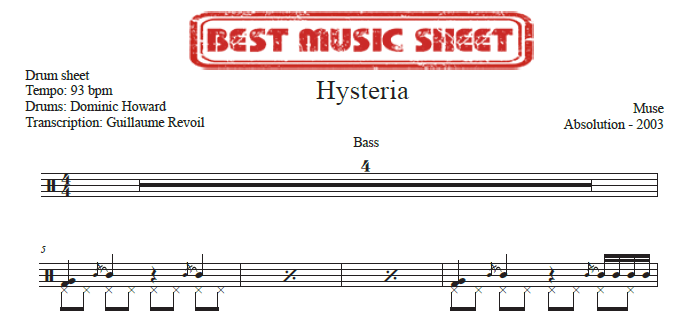 Sample drum sheet of Hysteria by Muse