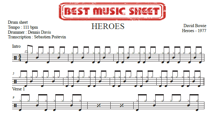 Sample drum sheet of Heroes by David Bowie