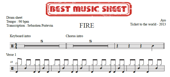 Sample drum sheet of Fire by Ayo