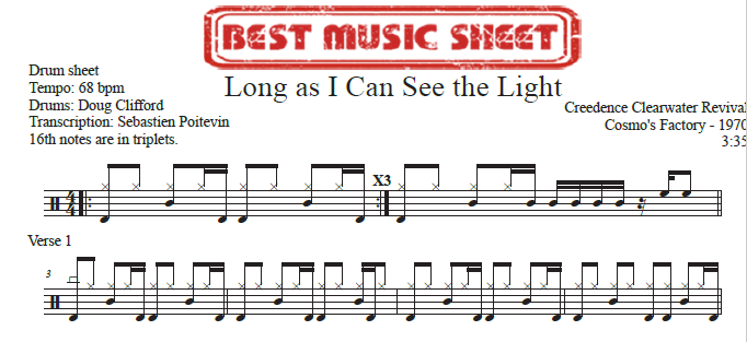 Sample drum sheet of Long As I Can See the Light by Creedence Clearwater Revival