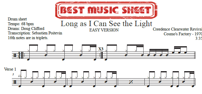 Sample drum sheet easy of Long As I Can See the Light by Creedence Clearwater Revival