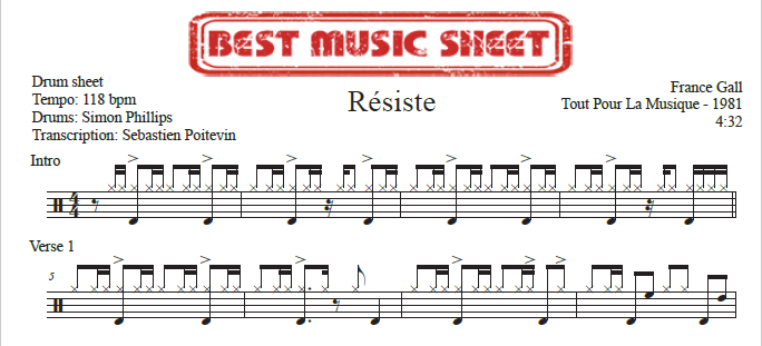 Sample drum sheet of Resiste by France Gall