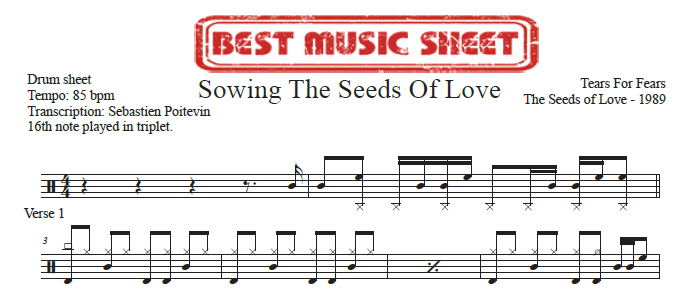 Extrait partition de batterie Sowing the Seeds of Love de Tears for Fears