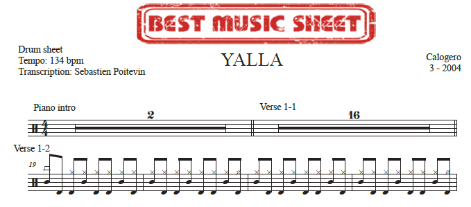 Extrait partition de batterie Yalla de Calogero