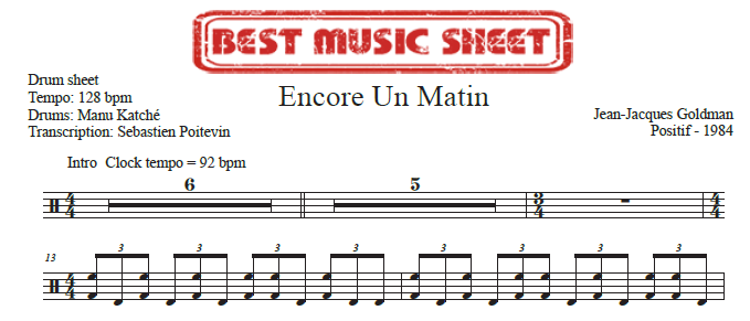 Sample drum sheet of Encore Un Matin by Jean-Jacques Goldman