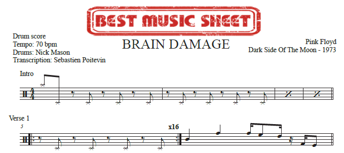 Sample drum sheet of Brain Damage by Pink Floyd