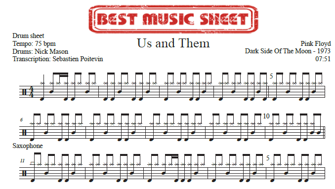 Sample drum sheet of Us and Them by Pink Floyd