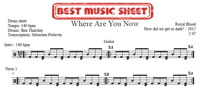 Sample drum sheet of Where Are You Now by Royal Blood