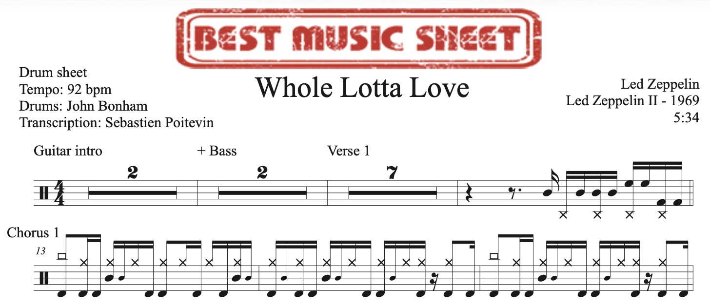 Sample drum sheet of Whole Lotta Love by Led Zeppelin