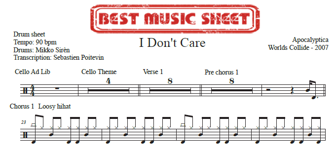 Sample drum sheet of I Don't Care by Apocalyptica