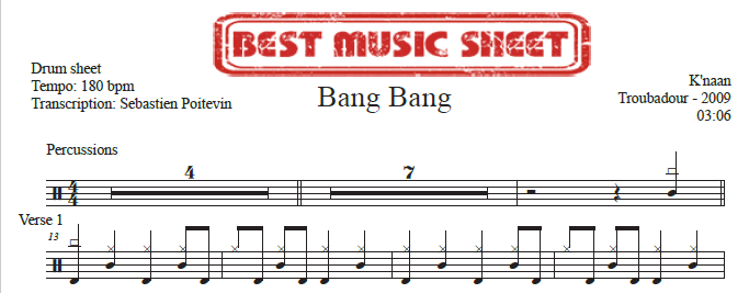 Sample drum sheet of Bang Bang by K'naan