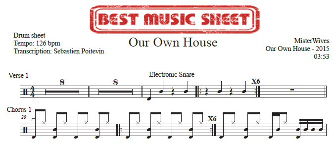 Sample drum sheet of Our Own House by Misterwives