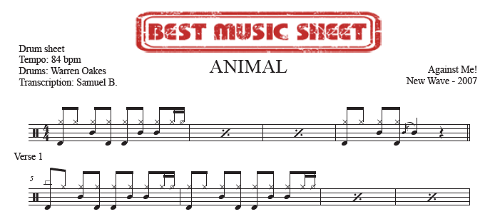 Sample drum sheet of Animal by Against Me!
