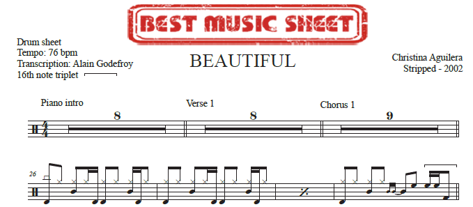 Sample drum sheet of Beautiful by Christina Aguilera