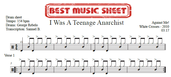 Sample drum sheet of I Was A Teenage Anarchist by Against Me!