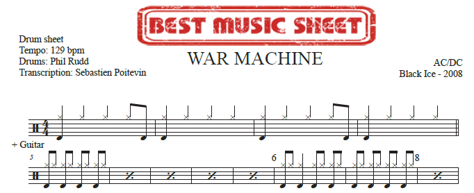 Sample drum sheet of War Machine by AC/DC
