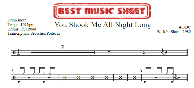 Sample drum sheet of You Shook Me All Night Long by AC/DC