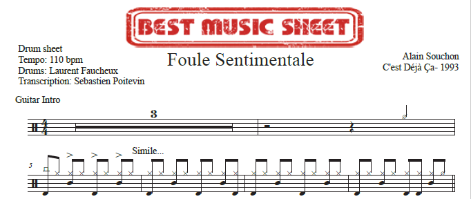 Sample drum sheet Foule Sentimentale by Alain Souchon