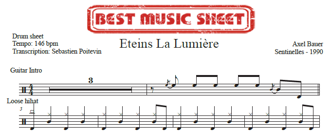 Sample drum sheet of Eteins La Lumière by Axel Bauer