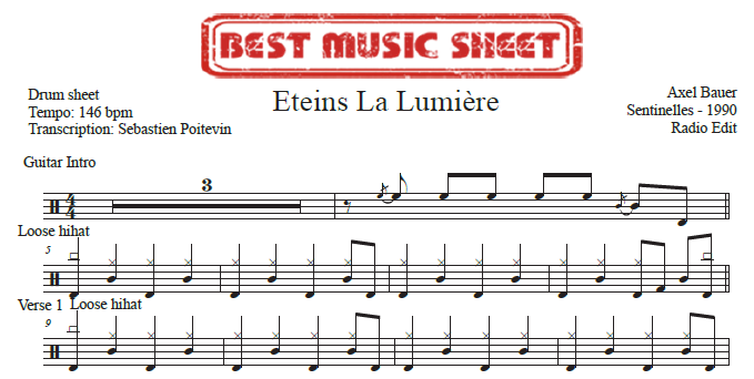 Sample drum sheet radio edit of Eteins La Lumière by Axel Bauer