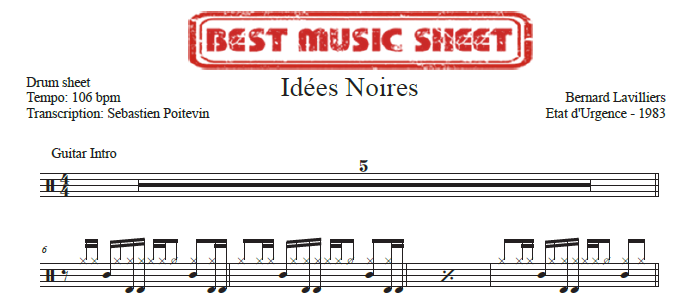 Sample drum sheet of Idees Noires by Bernard Lavilliers