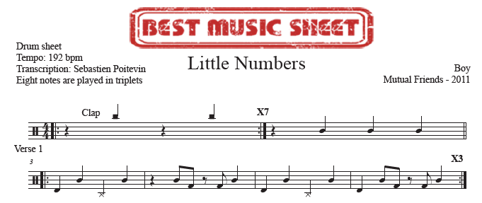 Sample drum sheet of Little Numbers by BOY