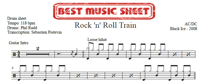 Sample drum sheet of Rock n Roll Train by AC/DC