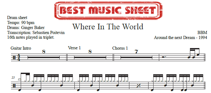Sample drum sheet of Where in the World by BBM