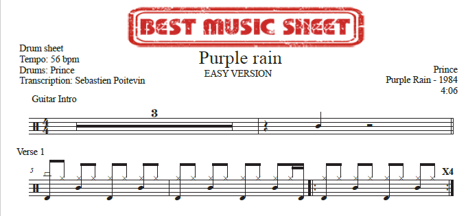 Sample drum sheet easy of Purple Rain by Prince