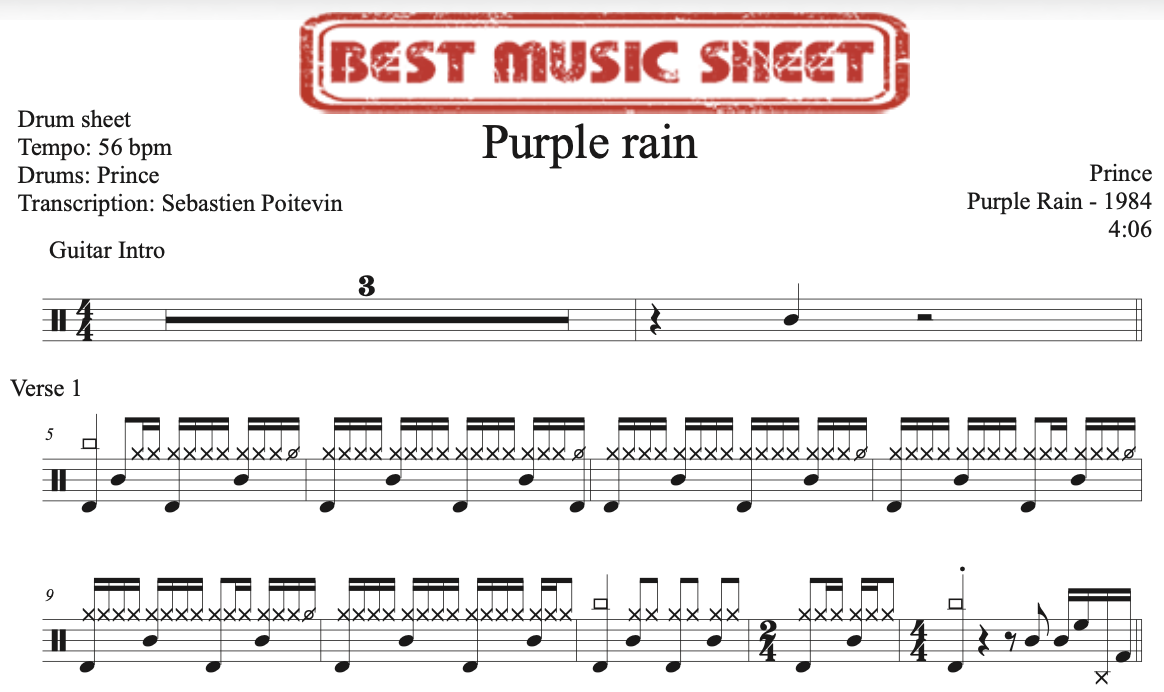 Sample drum sheet of Purple Rain by Prince