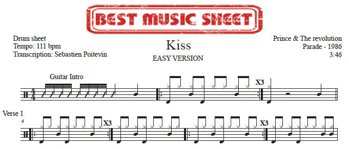 Sample drum sheet easy of Kiss by Prince