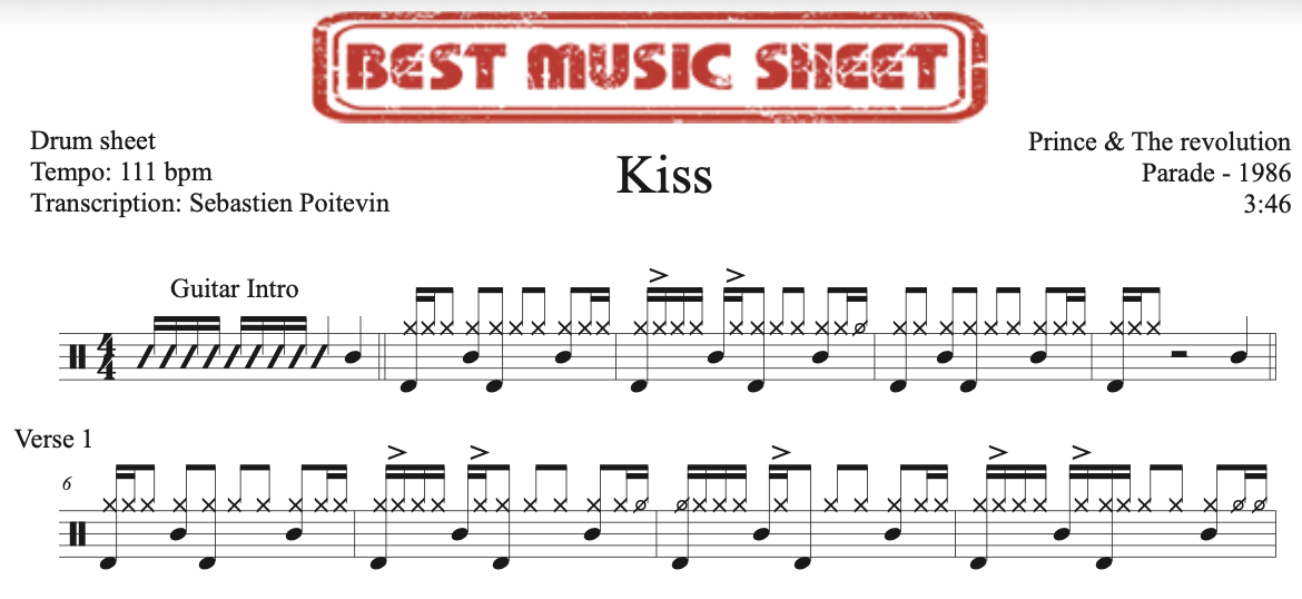 Sample drum sheet of Kiss by Prince