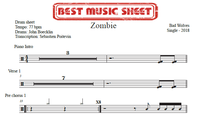 Sample drum sheet of Zombie by Bad Wolves