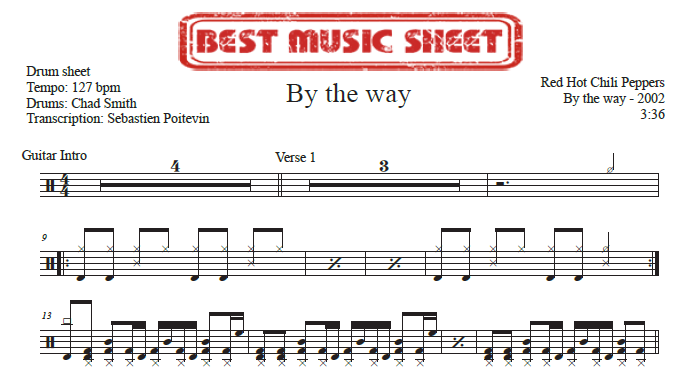 Sample drum sheet of By the Way by Red Hot Chili Peppers
