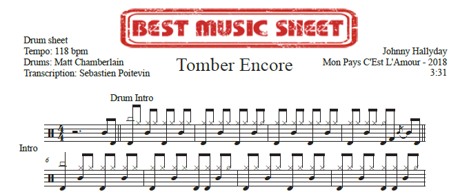 Sample drum sheet of Tomber Encore by Johnny Hallyday