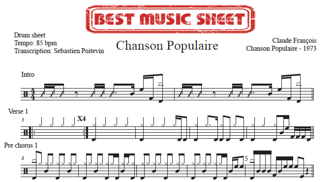 Sample drum sheet of Chanson Populaire by Claude Francois