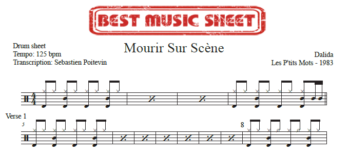 Sample drum sheet of Mourir Sur Scene by Dalida