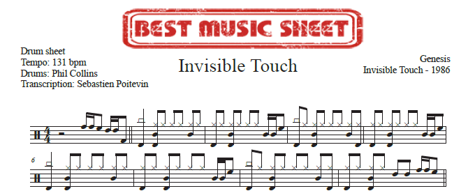 Sample drum sheet of Invisible Touch by Genesis