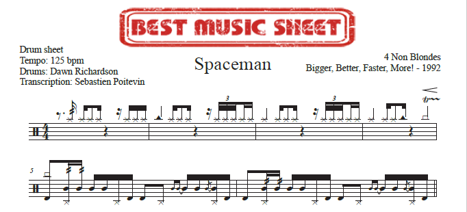 Sample drum sheet of Spaceman by 4 Non Blondes