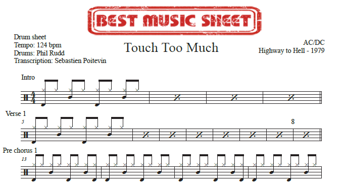 Sample drum sheet of Touch Too Much by AC/DC