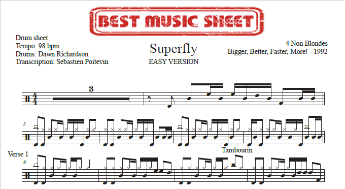 Sample drum sheet easy of Superfly by 4 Non Blondes
