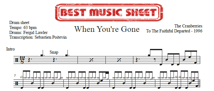Sample drum sheet of When You're Gone by The Cranberries